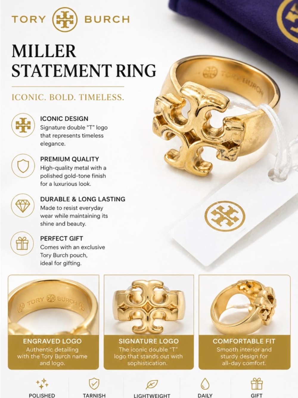 Tory Burch Gold Double-T Openwork Ring